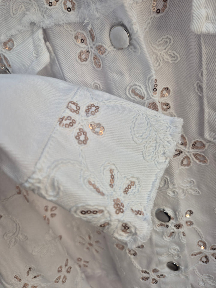 Dana Floral Sparkly Denim Shacket - Beige (One Size/Curvy, fitting from Size 10/12 up to Size 18)