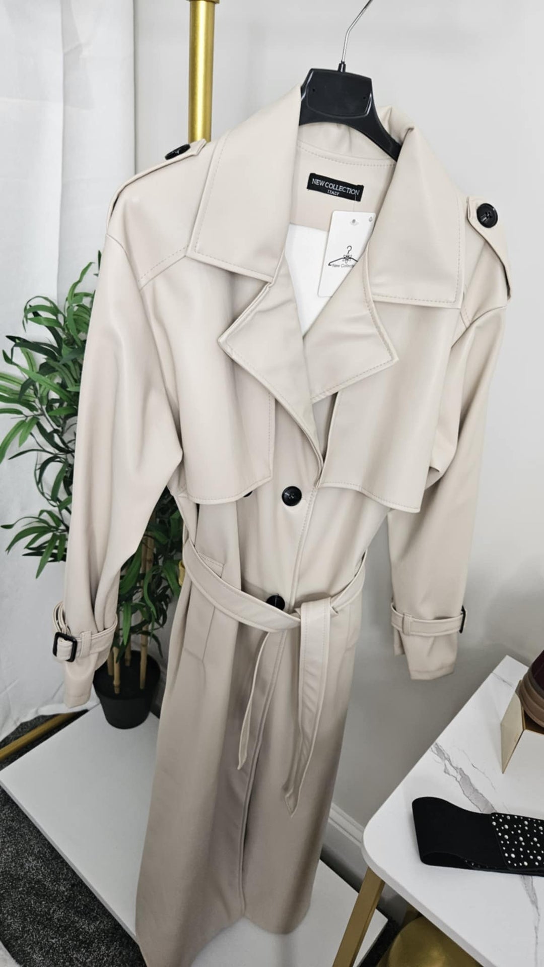 Sandringham PU Longline Trench Coat - Beige (One Size fits Size 10 up to Size 16)