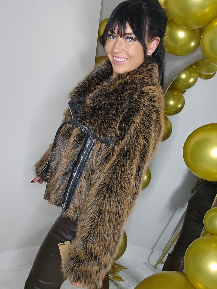 Oslo Faux Fur Jacket with Shawl Collar & Zip (One Size - fits from 10 up to Size 16) - Chocolate