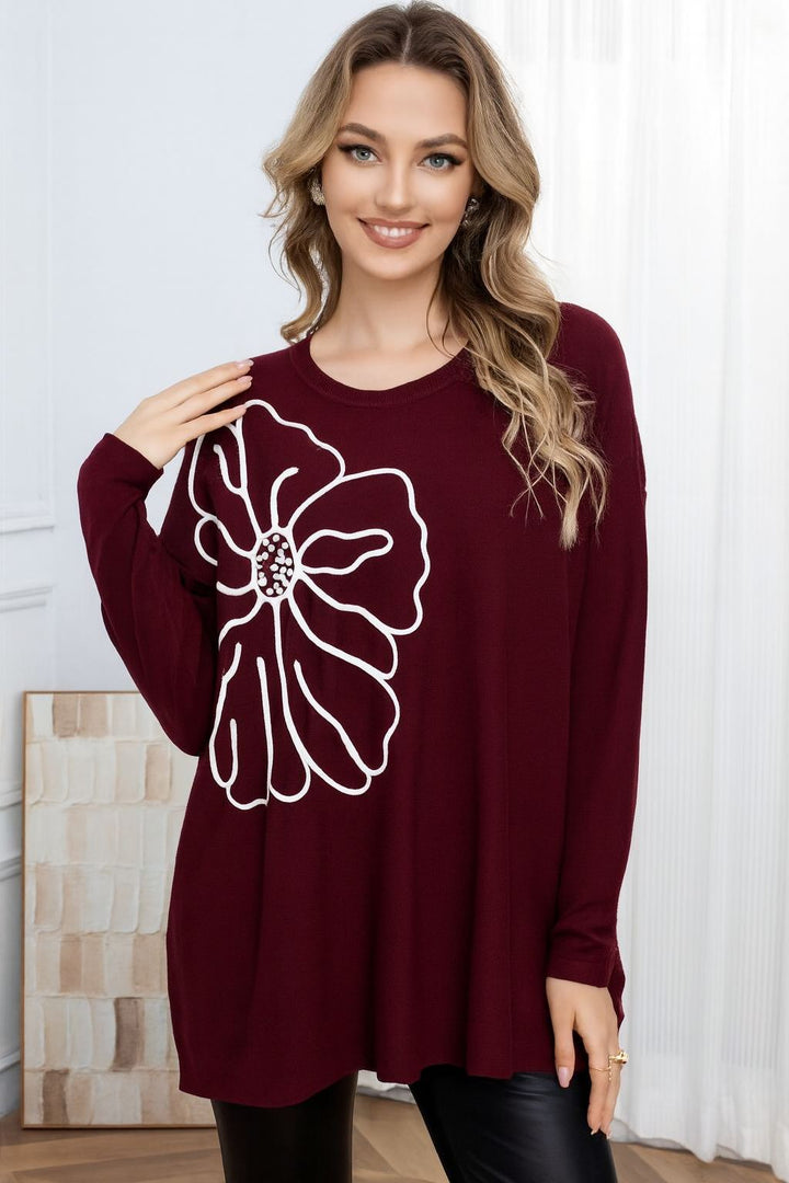 Pearl & Crystal Oversized Jumper - Wine (One Size/Curvy, fits from Size 14 up to Size 18)