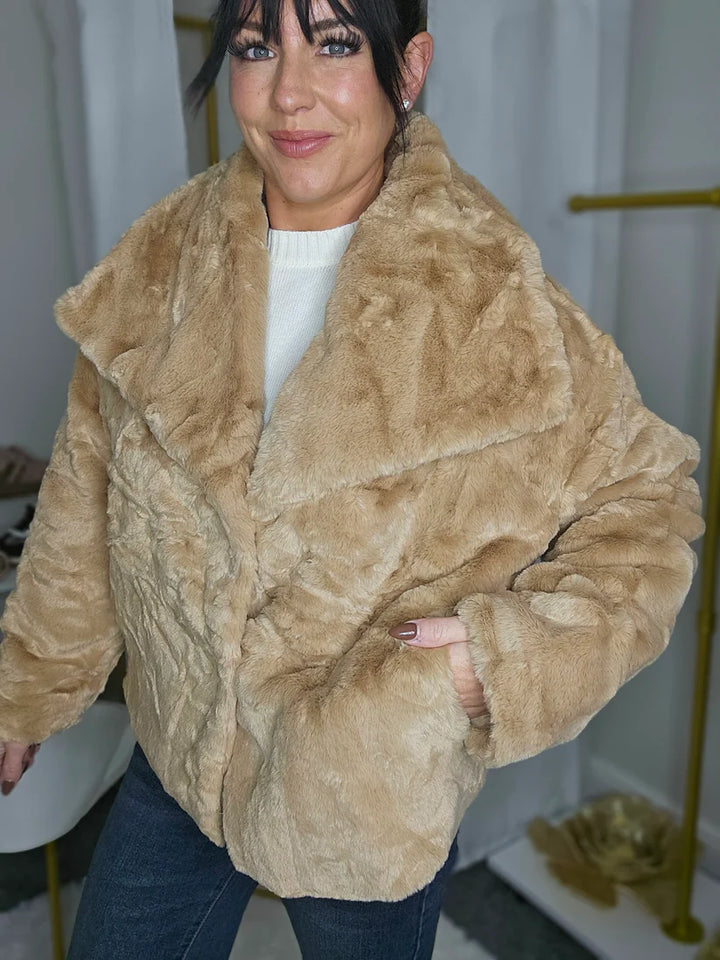Oslo Faux Fur Medium Length Coat - Camel (One Size - fits from Size 10/12 up to Size 16/18)