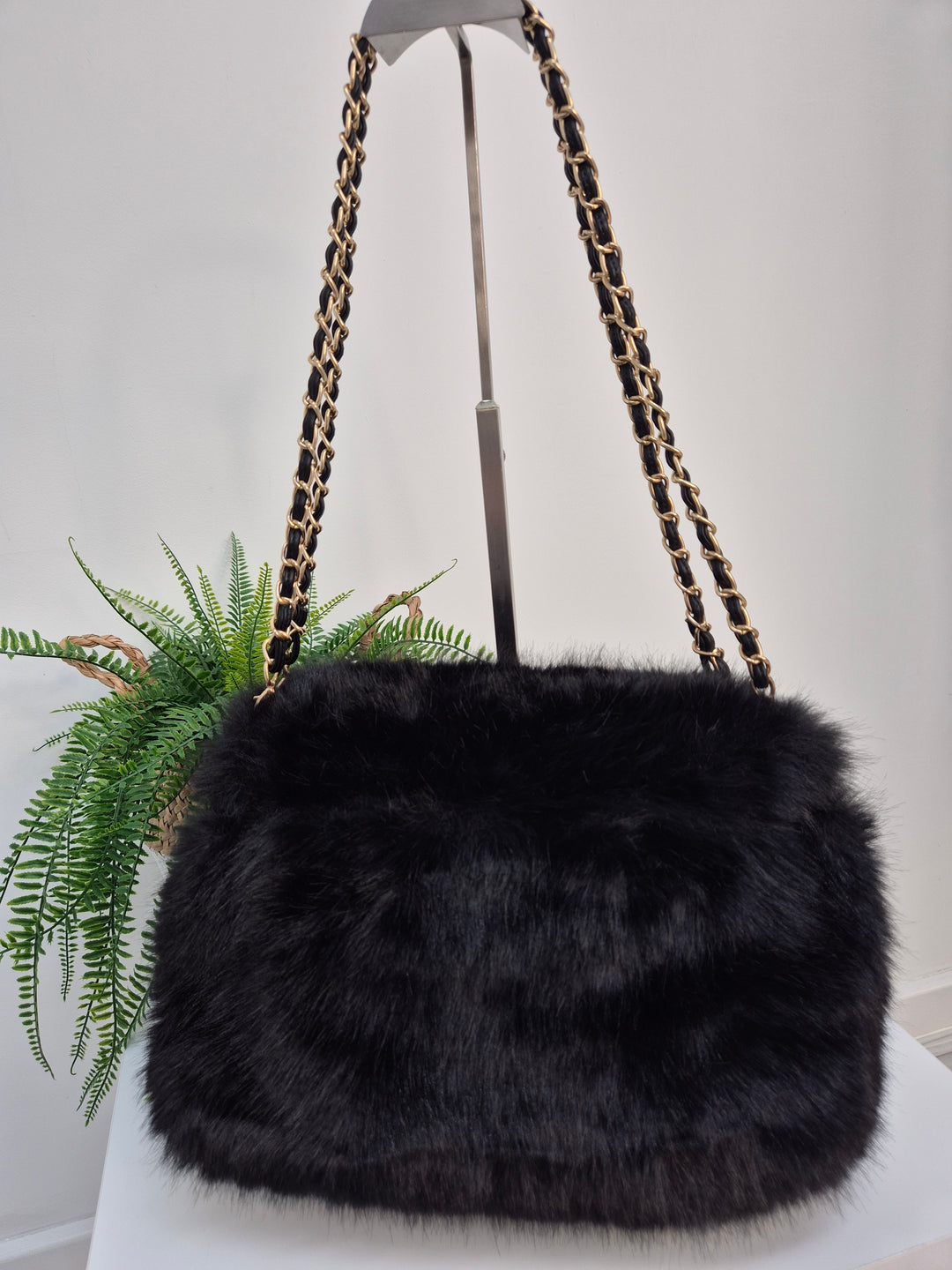 Oslo Faux Fur Bag with Gold Chain Link Dual Handles - Black