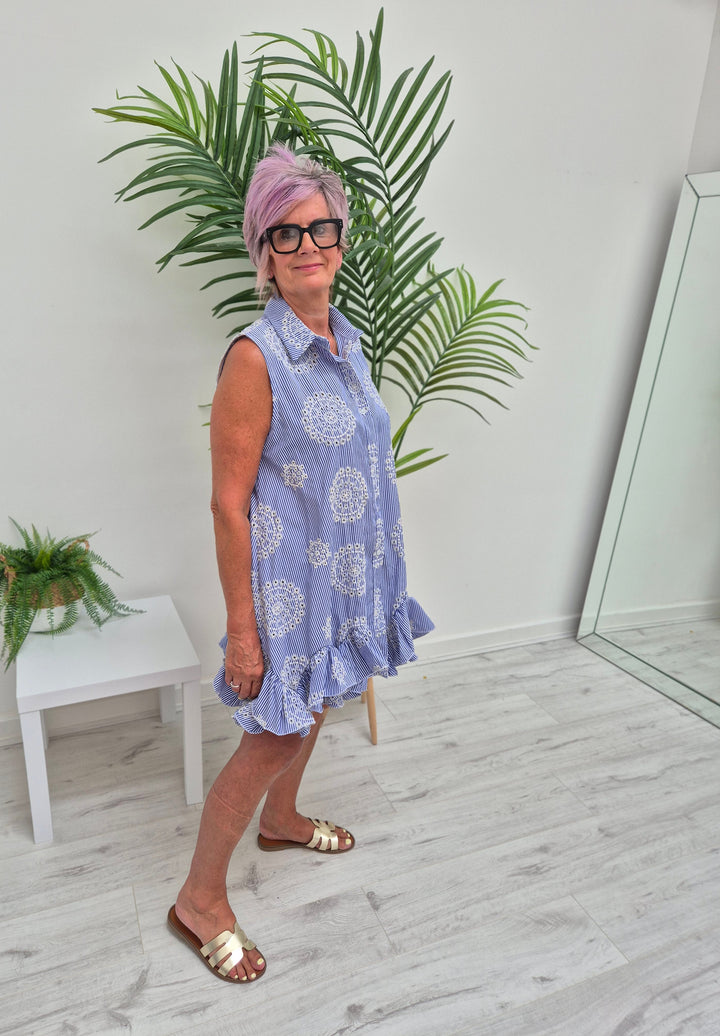 Seville Sleeveless Frilled Hem Dress - (One Size, fitting up to Size 16) - Mid Blue Broderie Anglaise