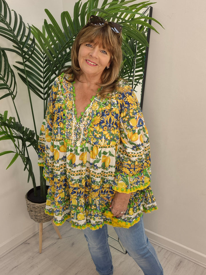 Santorini Beaded Tunic Top - Lemon & Lime