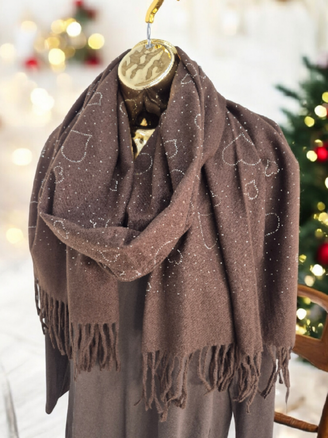 Sparkly Hearts Oversized Fringed Scarf - Chocolate