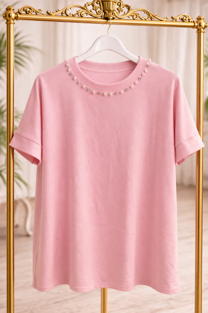 Crystal & Pearl Oversized Tee Shirt  - Pink (One Size/Curvy, fits Size 14 to Size 18)
