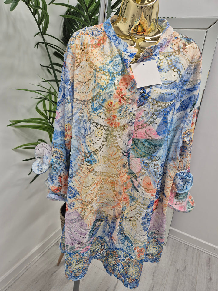 Alba Floral Double Fluted Sleeve Top - Blue/Pink (Oversized, fitting from Size 14 up to Size 20)