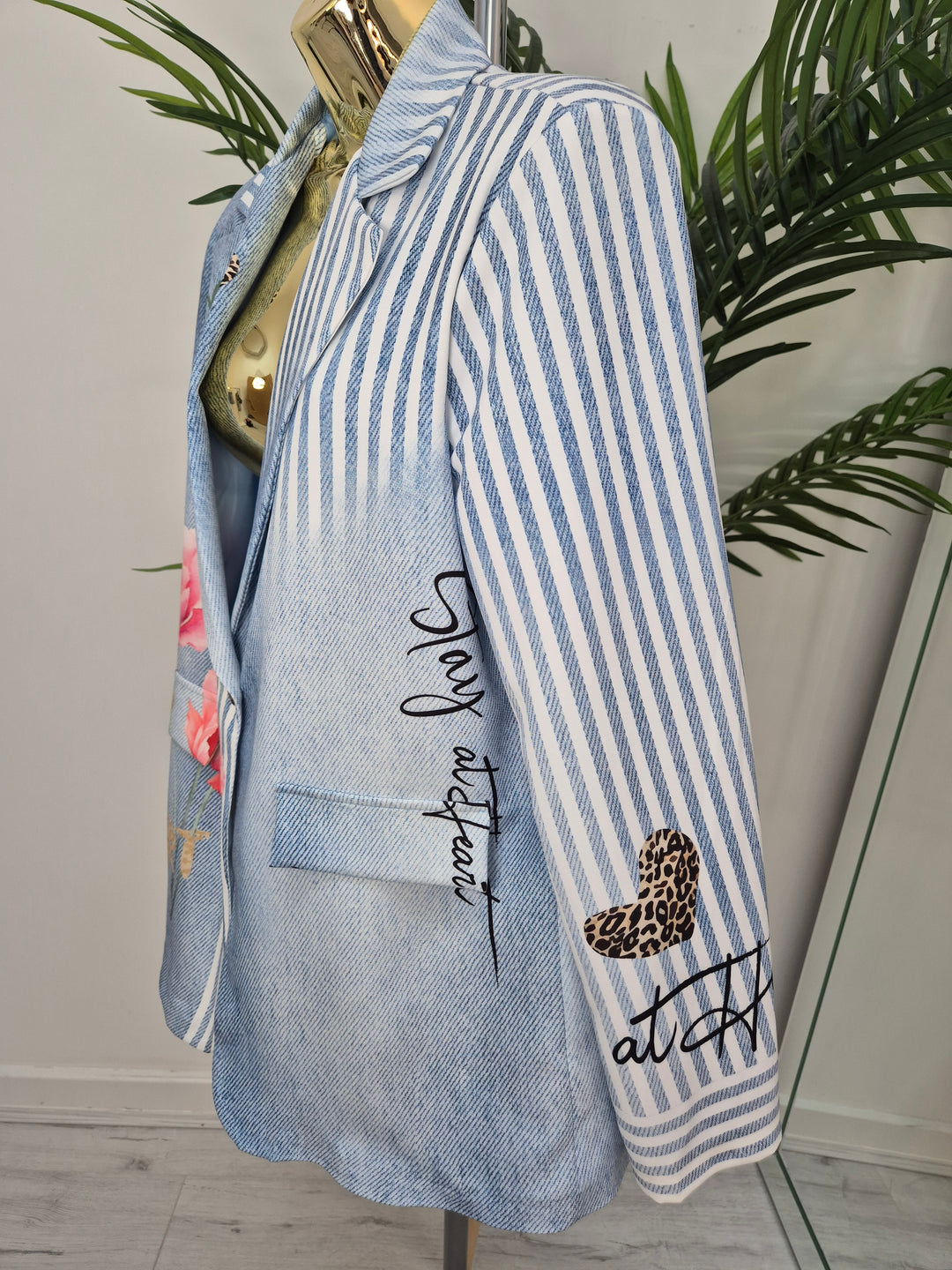 Pin Stripe Floral Blazer - Blue/White