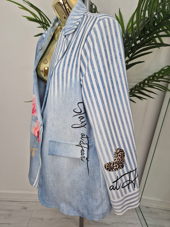 Pin Stripe Floral Blazer - Blue/White