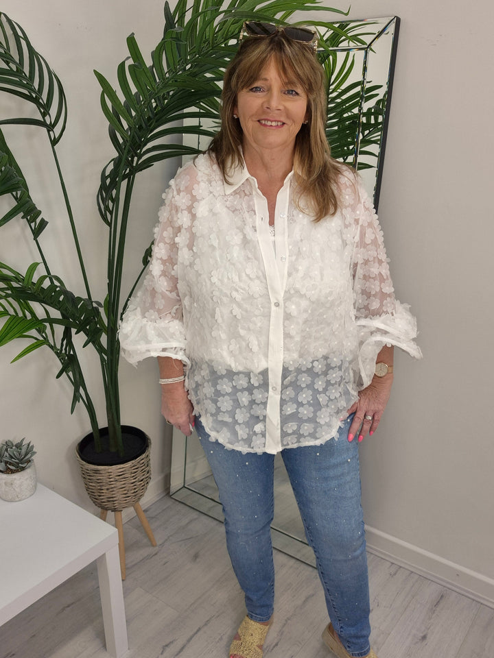 Alba Daisy Double Fluted Sleeve Blouse - White (Oversized)