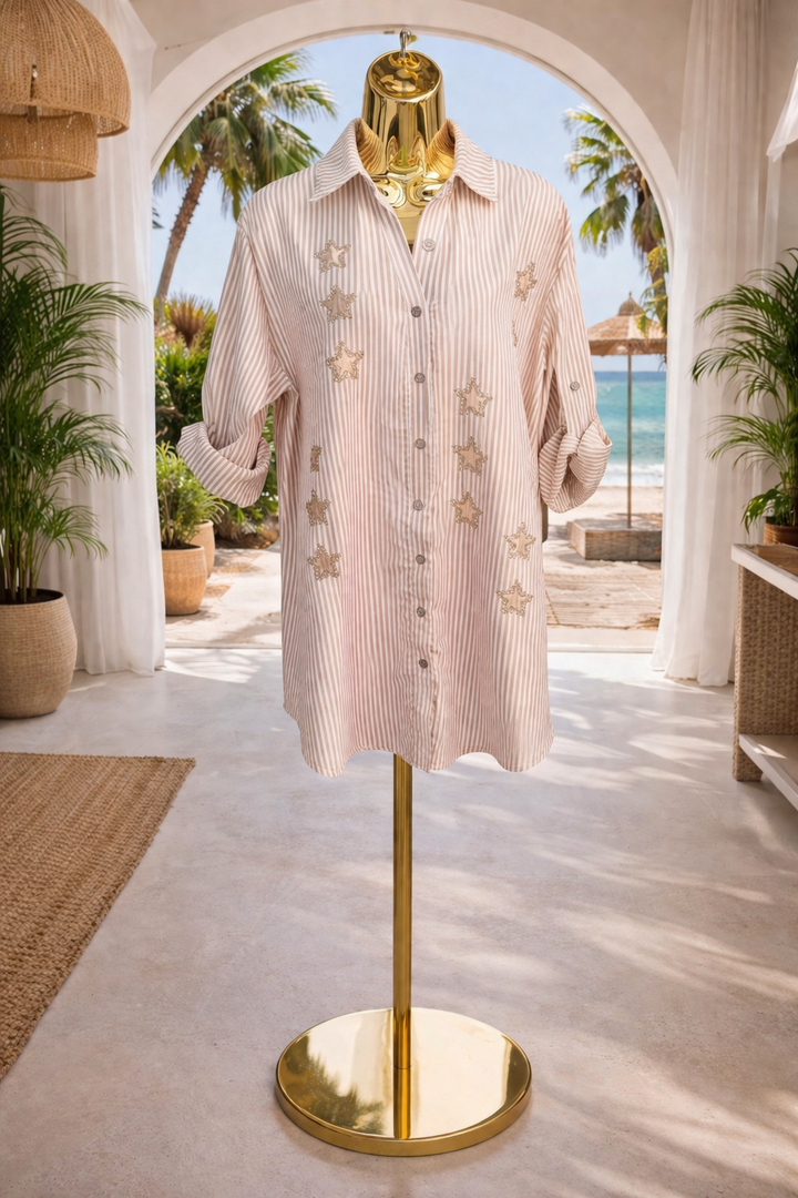 Stars Pin Stripe Oversized Shirt - (One Size/Curvy - fitting from Size 14 up to Size 20) Natural