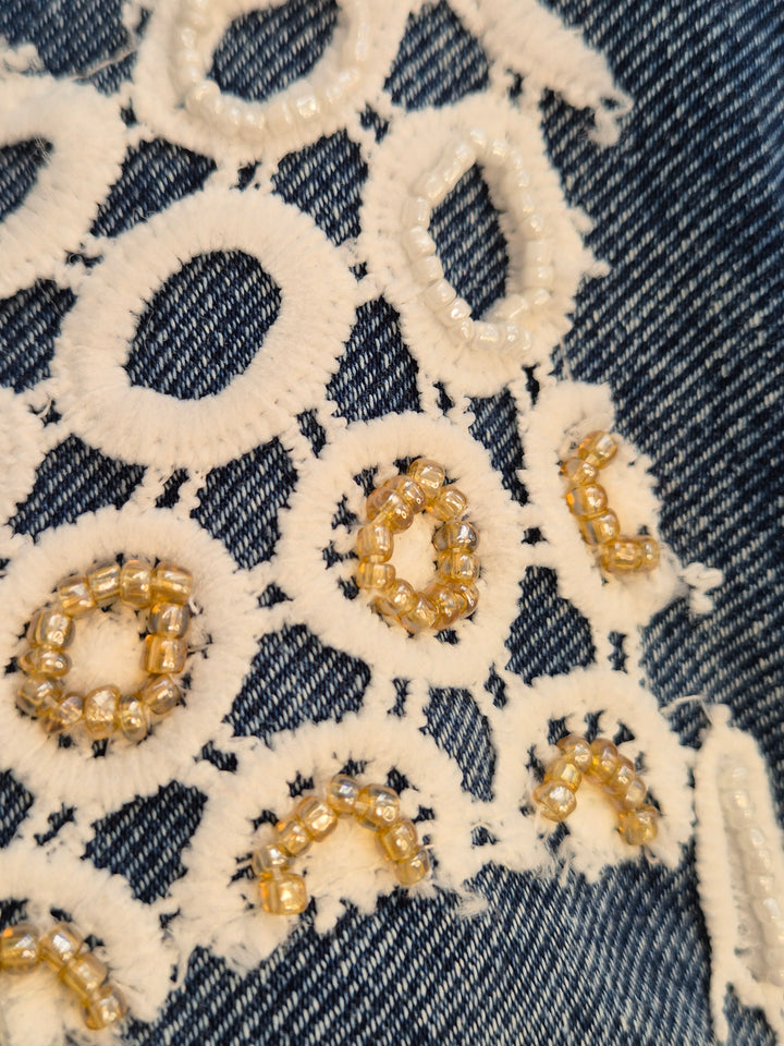 Elle Lace Tassel Denim Jacket - Mid Stonewashed (One Size, fitting from Size 10 up to 14)