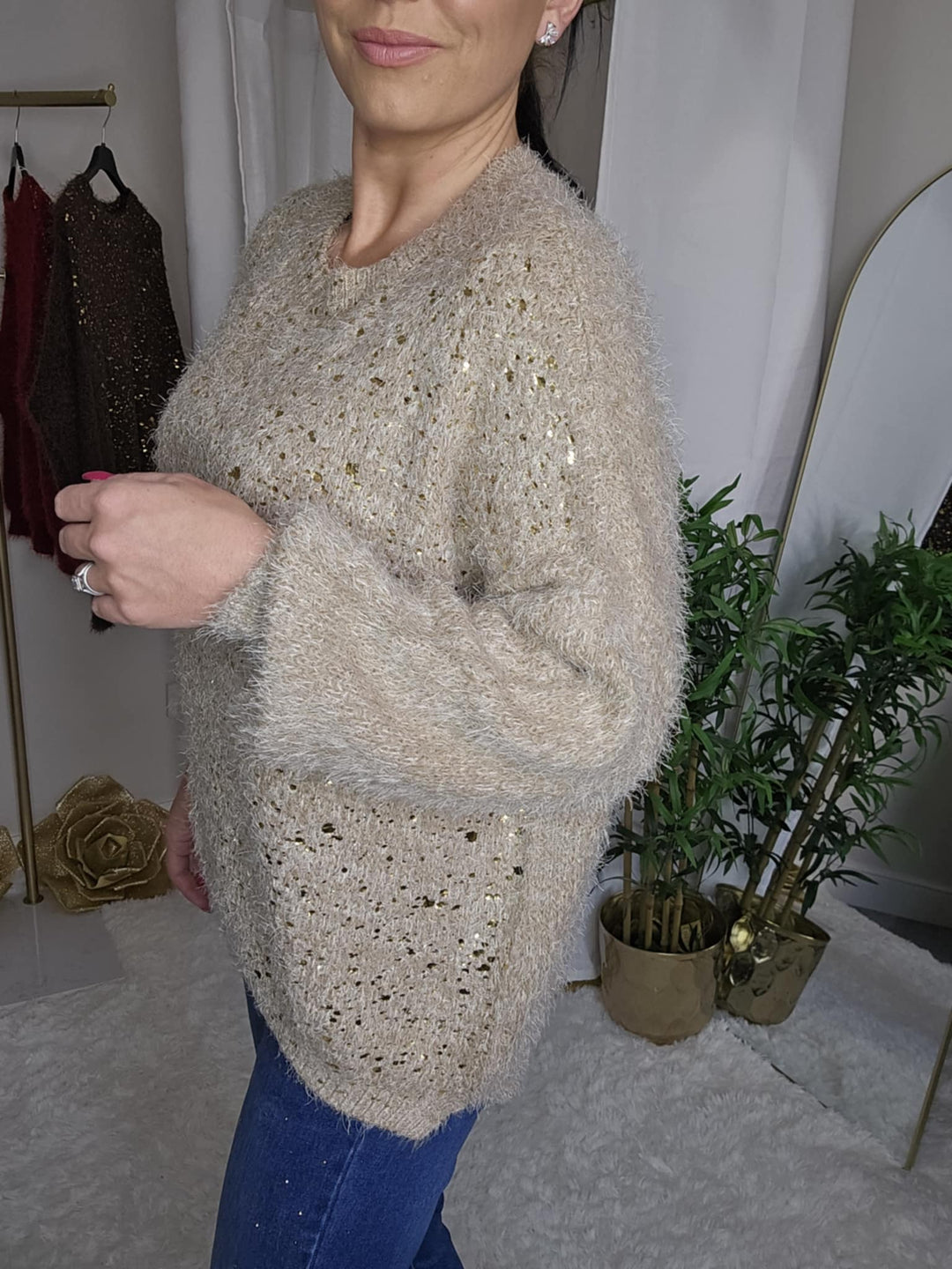 Gold Foil Sparkle Jumper - Biscuit (One Size, fits Size 10 up to Size 16)