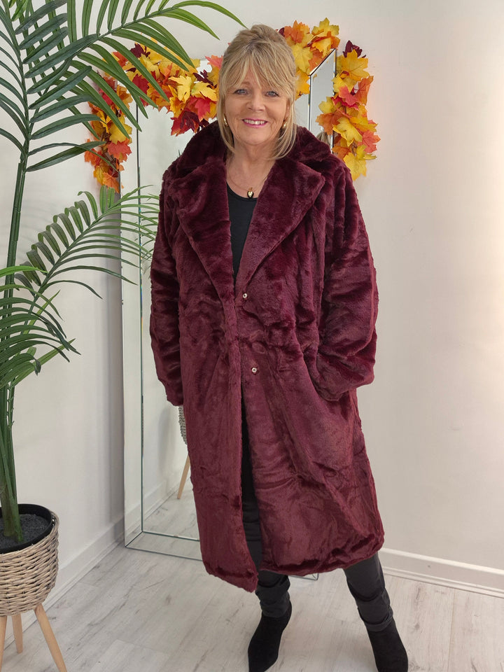 Oslo Faux Fur Longline Coat - Wine (choose your Size)