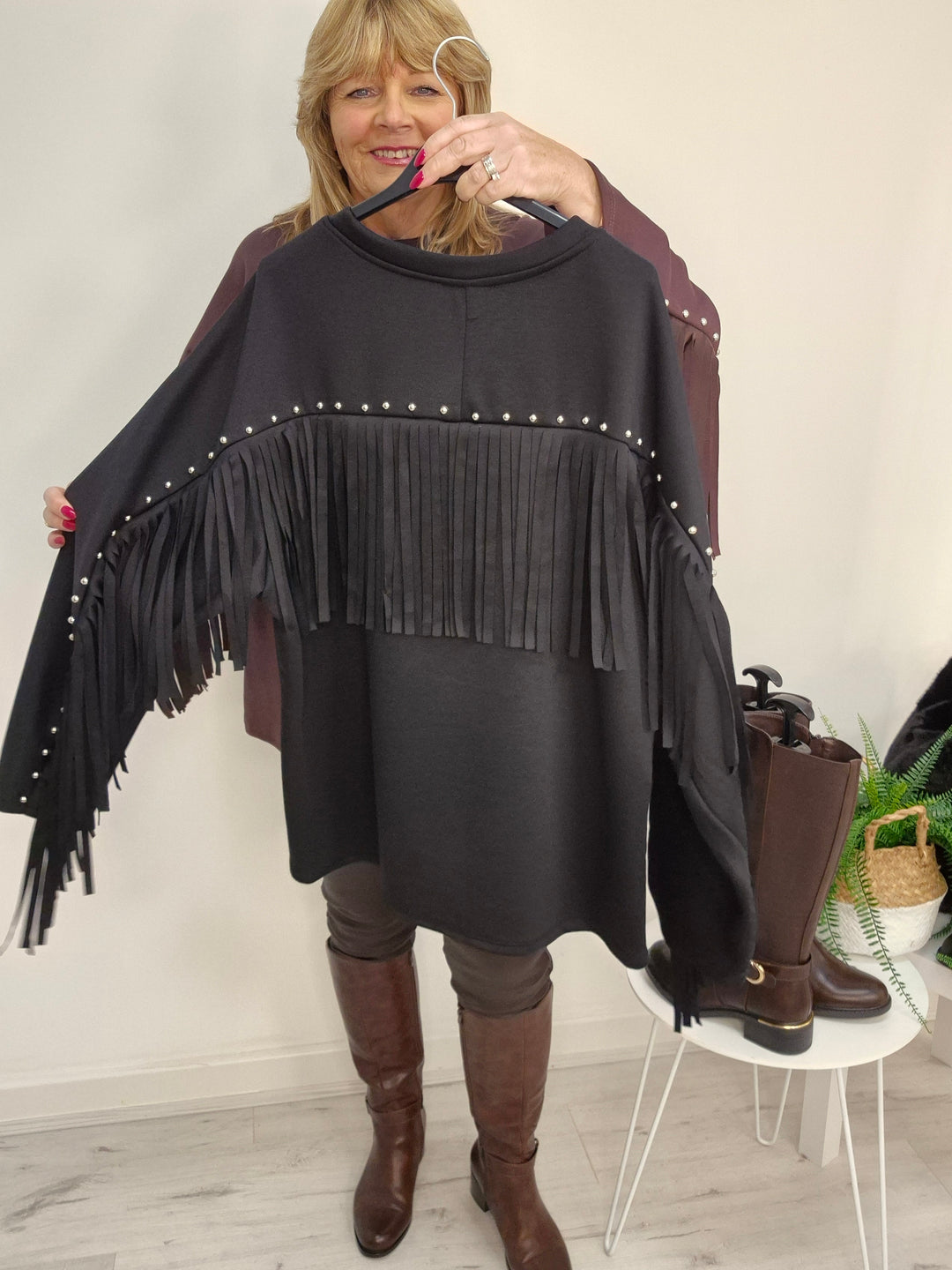 Houston Oversized Fringed Sweatshirt  - Black - (One Size/Curvy - One Size/Curvy, fits Size 14/16 to Size 18)