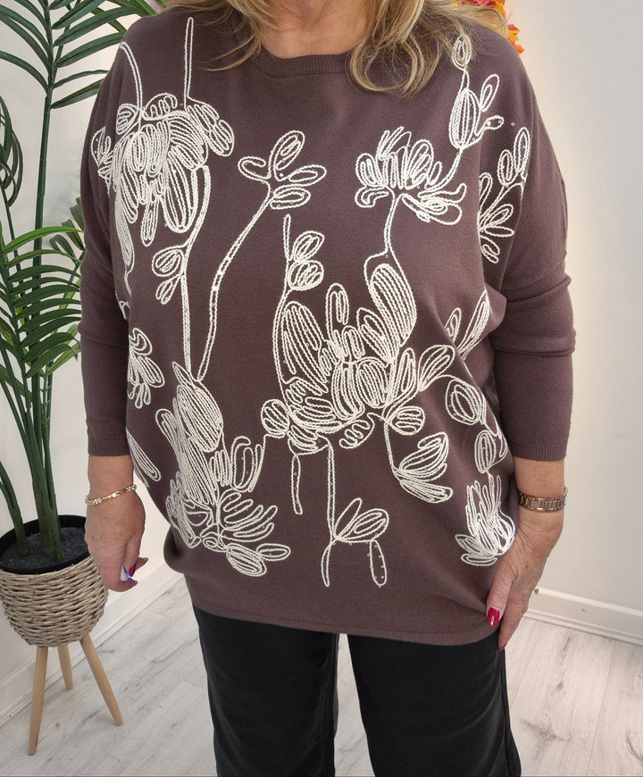 Eva Embroidered Sparkle Jumper - Chocolate (fitting from Size 14 up to Size 18/20)