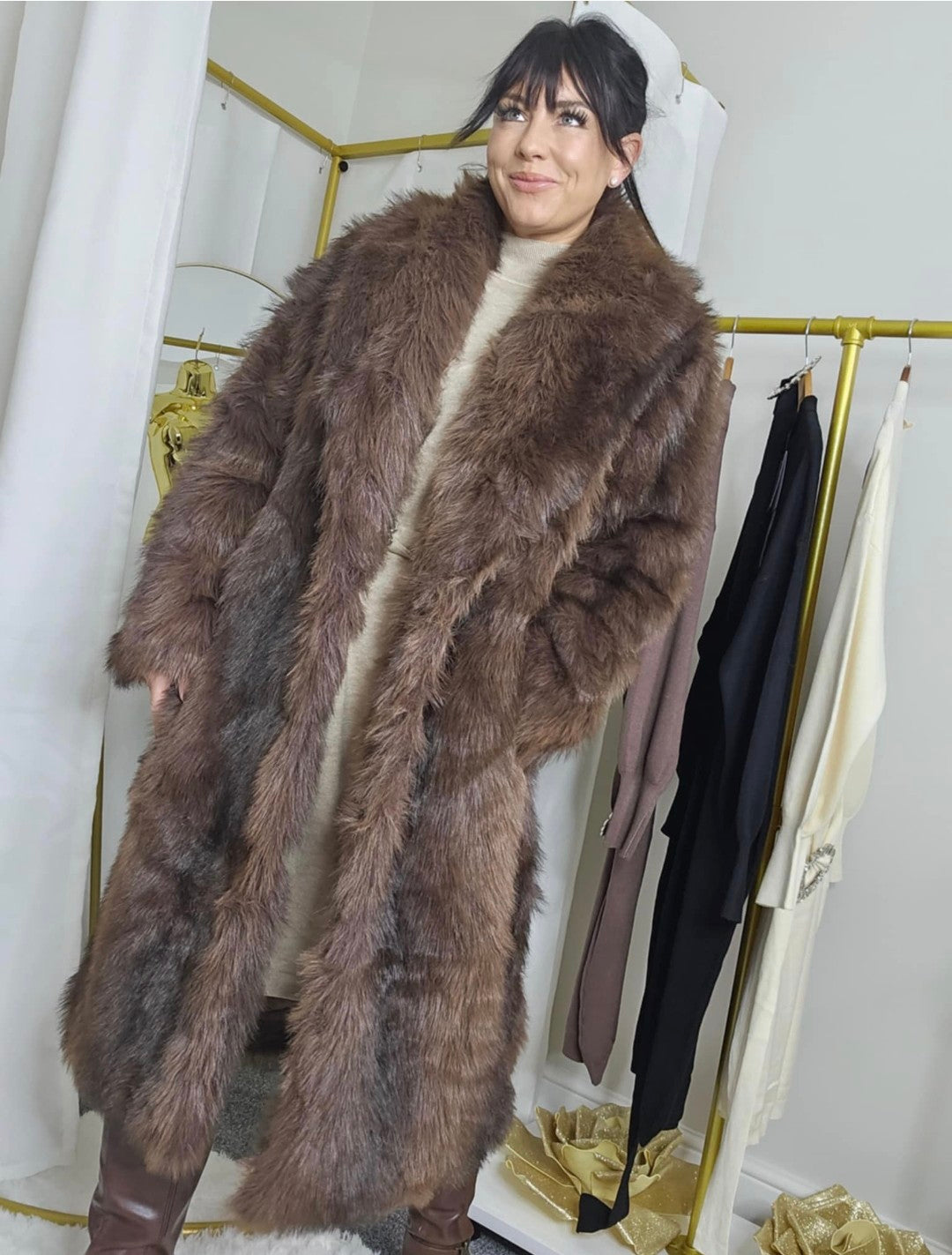 Oslo Fluffy Faux Fur Coat - Chocolate (choose your Size)