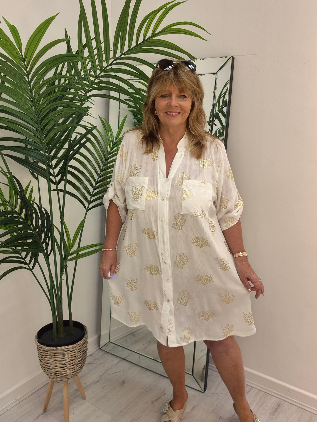 Ibiza Tree of Life Shirt Dress - White/Gold (Loose Fit)