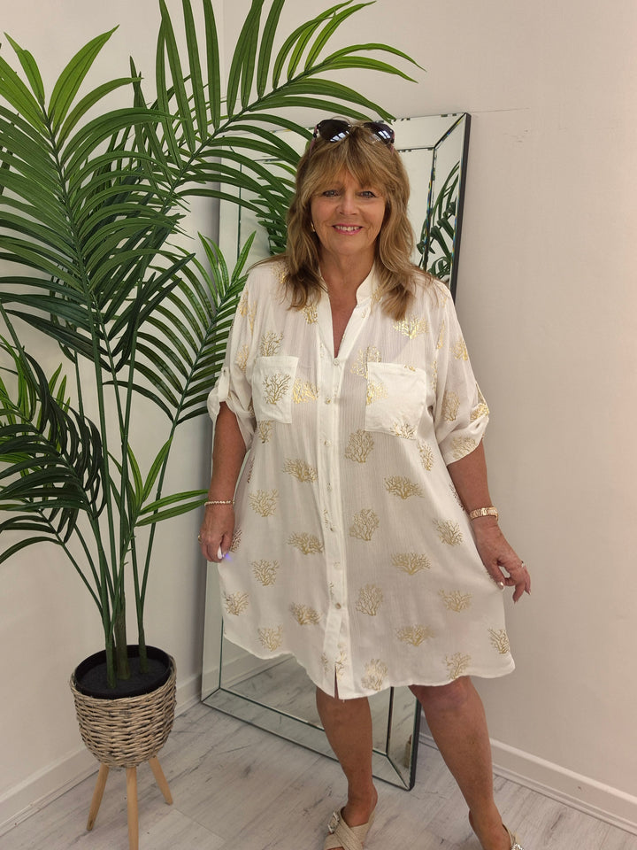 Ibiza Tree of Life Shirt Dress - White/Gold (Loose Fit)