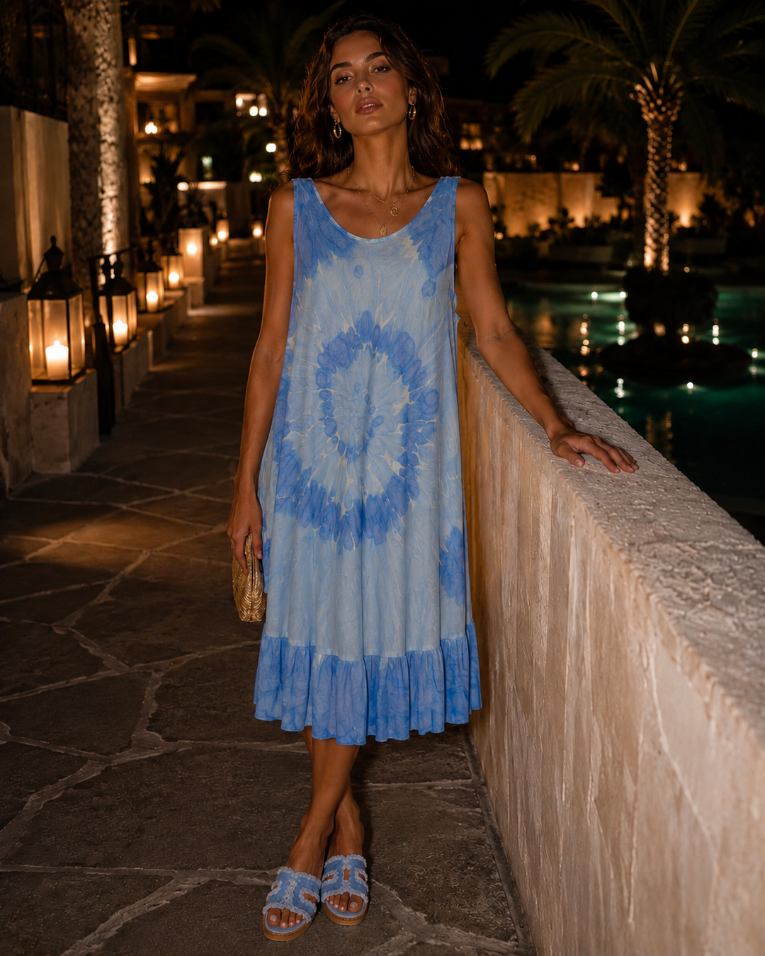 Tie Dye Sleeveless Dress - Blue (One Size/Curvy Size, fits 14/16 up to Size 20)