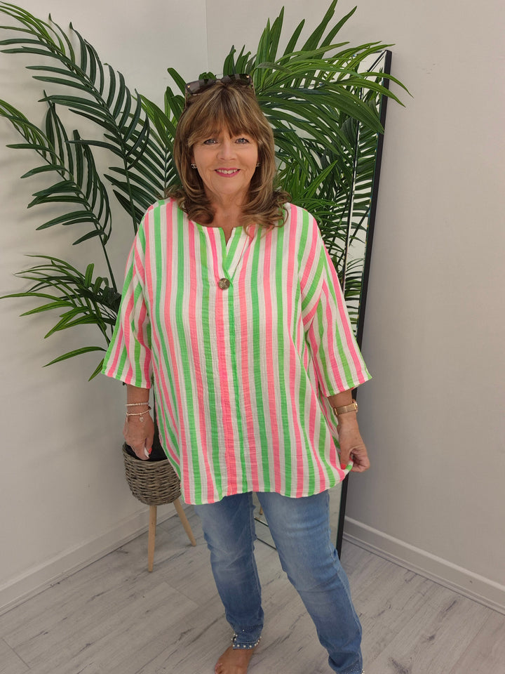 Candy Striped Hi Lo Top - Lime/Pink/White (Oversized)