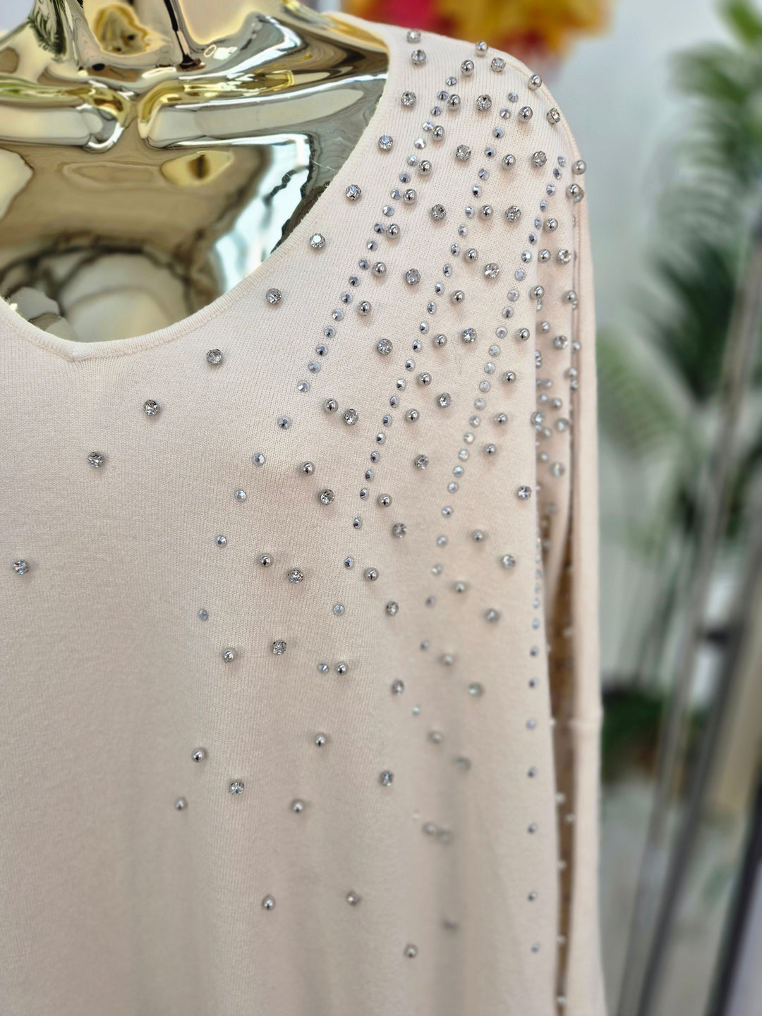 Celine Crystals, Pearls & Diamantes Oversized Jumper with V Neck (choose your Colour) (One Size/Curvy, fits from Size 12 up to Size 18)