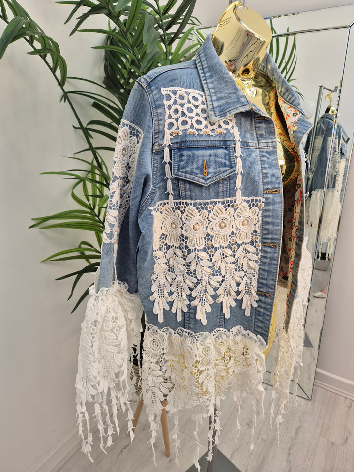 Elle Lace Tassel Denim Jacket - Light/Mid Stonewashed (One Size, fitting from Size 10 up to 14)