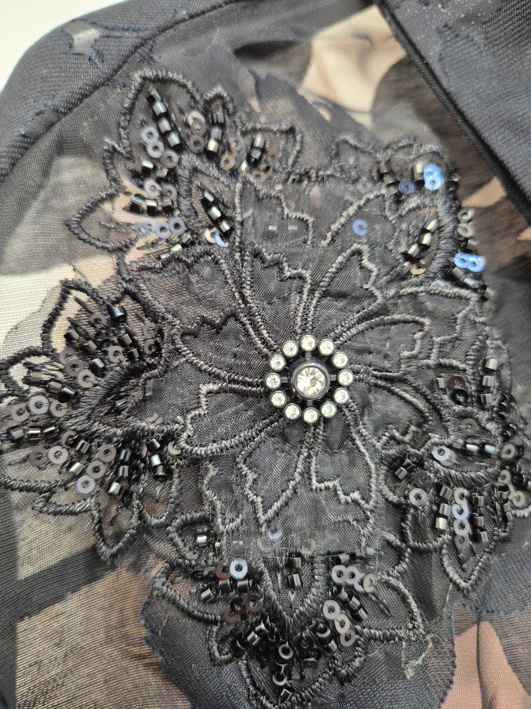Valencia Ornate Blouse with Crystals & 3D Applique Sparkle - Black (One Size, fits from Size 12 up to Size 16/Small Busted Size 18)