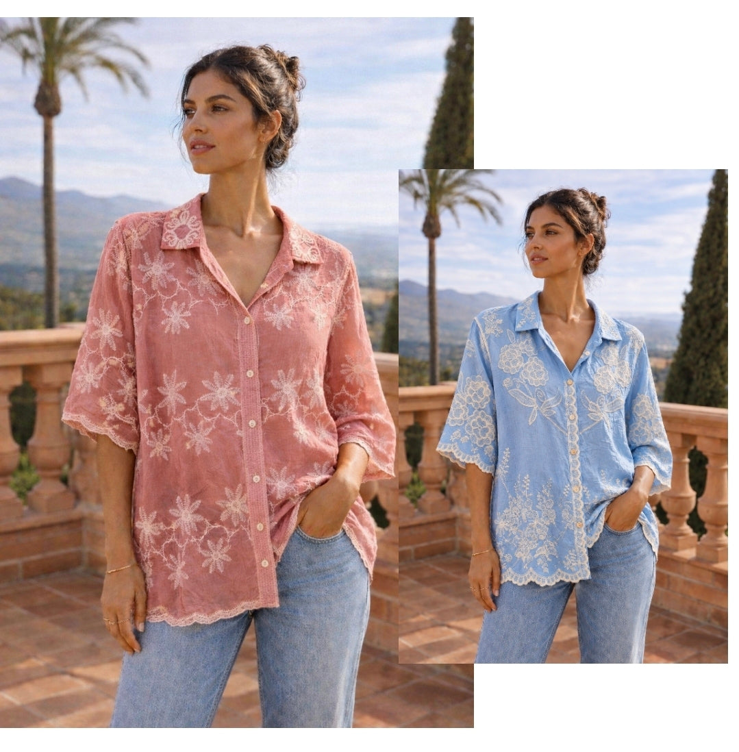 Jasmine Embroidered Blouse - (One Size/Curvy - fits from Size 14 up to Size 18/20) - (choose your colour)