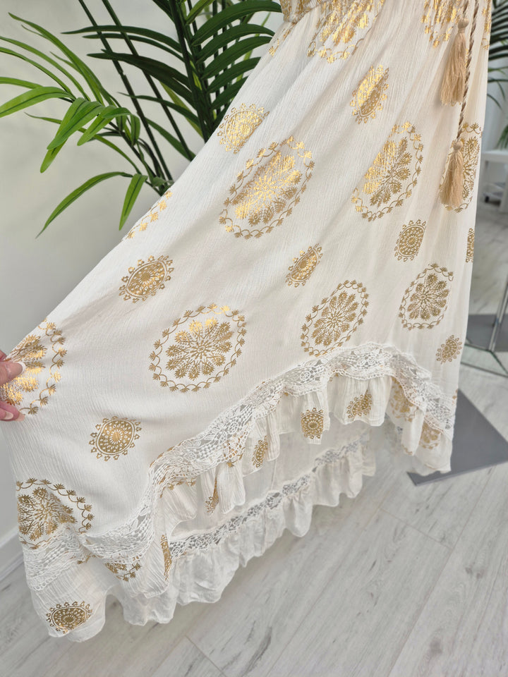 Ibiza Florals Bardot Dress - White/Gold (One Size, fits up to Size 16)