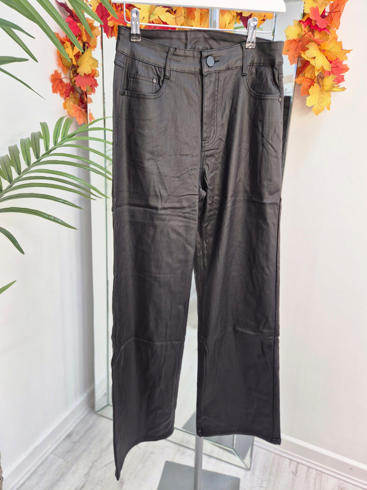 Noir PU Coated Wide Leg Jeans - Black (G Smack) - (choose your Size)