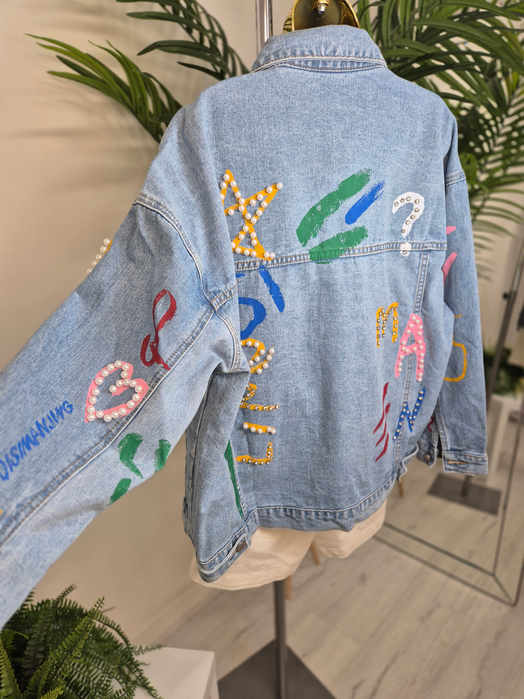Paint Splashed Denim Jacket with Crystals - Stonewashed