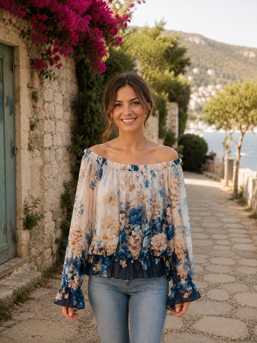 Flora Bardot Chiffon Top (One Size - fits Size 10 up to Size 14/16) - Blue