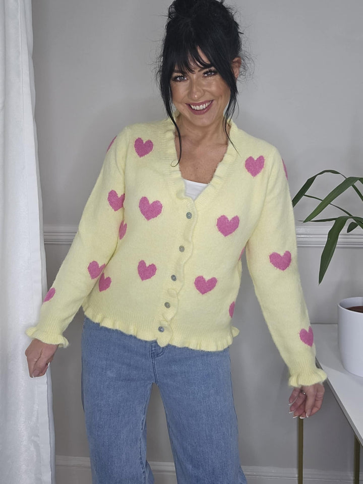 Hattie Hearts Ruffled Cardigan (One Size from Size 8 up to Size 16) - Lemon/Pink