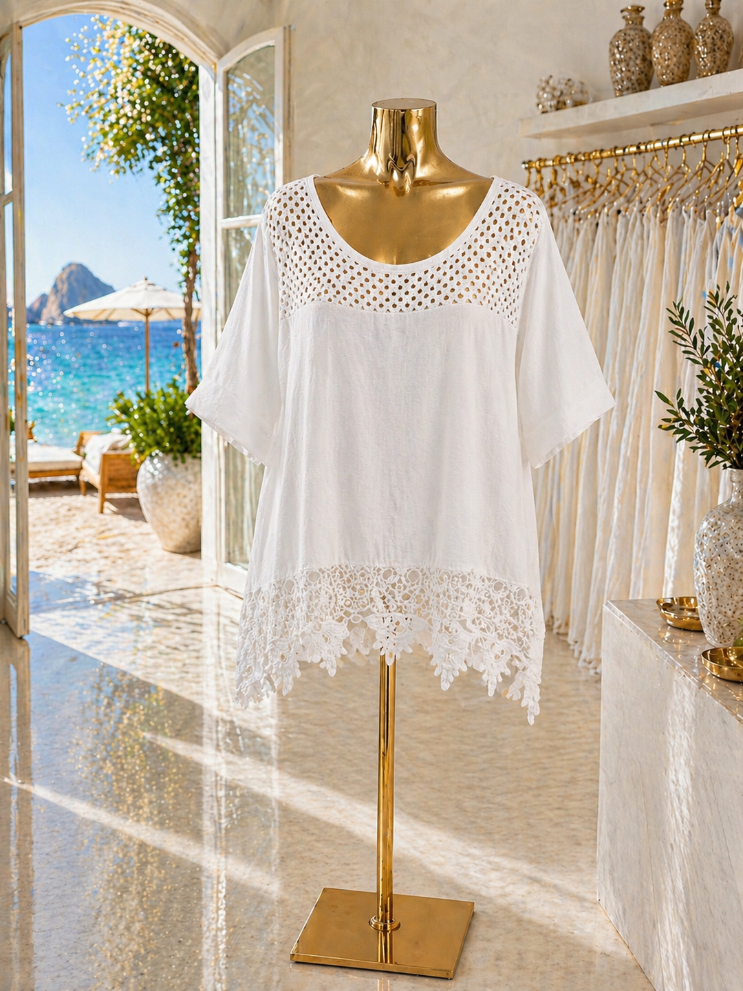 St Lucia Oversized Top with Crochet Trim (One Size/Curvy fitting from Size 14/16 up to Size 20) - White