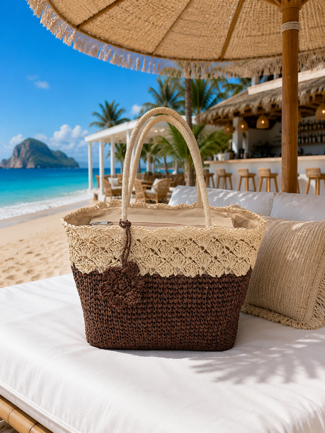 Flower Raffia Bag - Chocolate