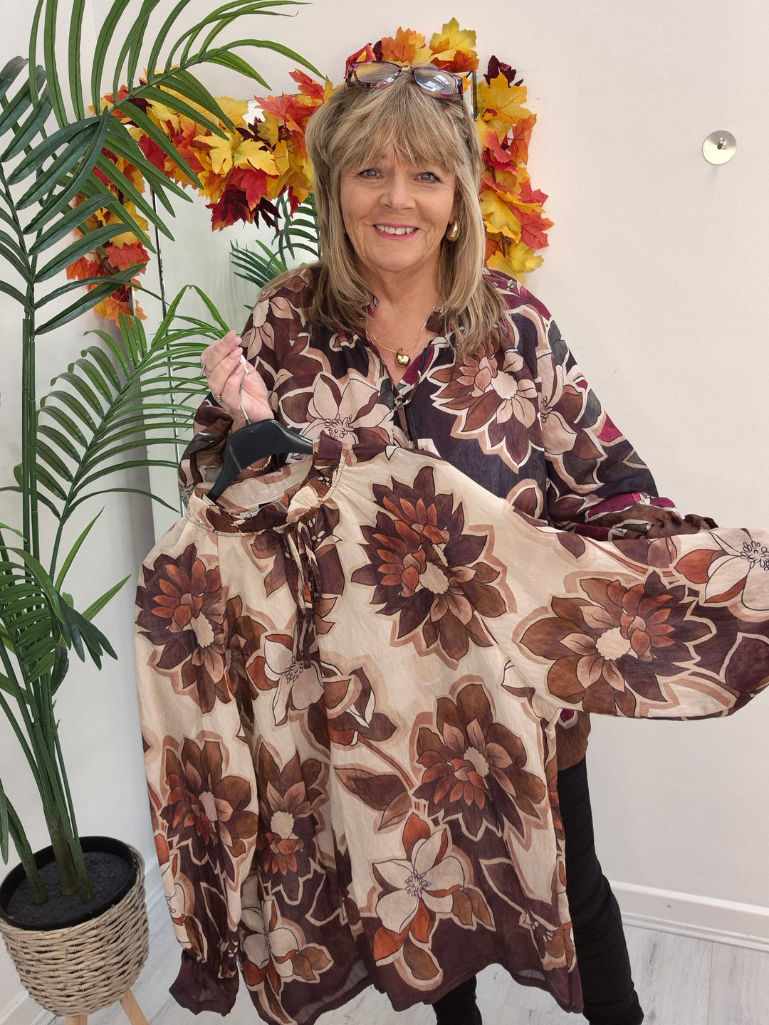 Floral Autumn Blouse - Chocolate/Wine/Stone (fits from Size 12/14 to Size 18/20)