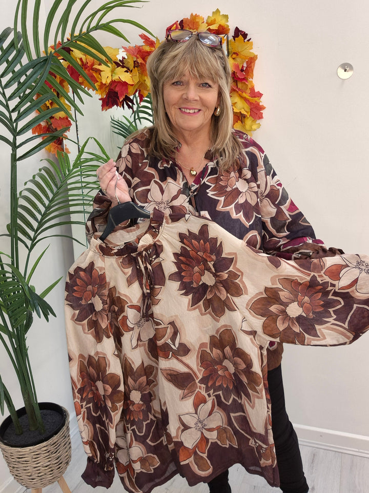 Floral Autumn Blouse - Chocolate/Wine/Stone (fits from Size 12/14 to Size 18/20)