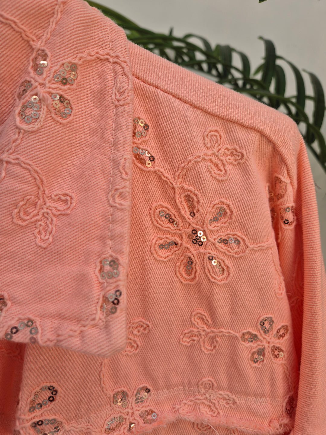 Dana Floral Sparkly Denim Shacket - Coral (One Size/Curvy, fitting from Size 10/12 up to Size 18)