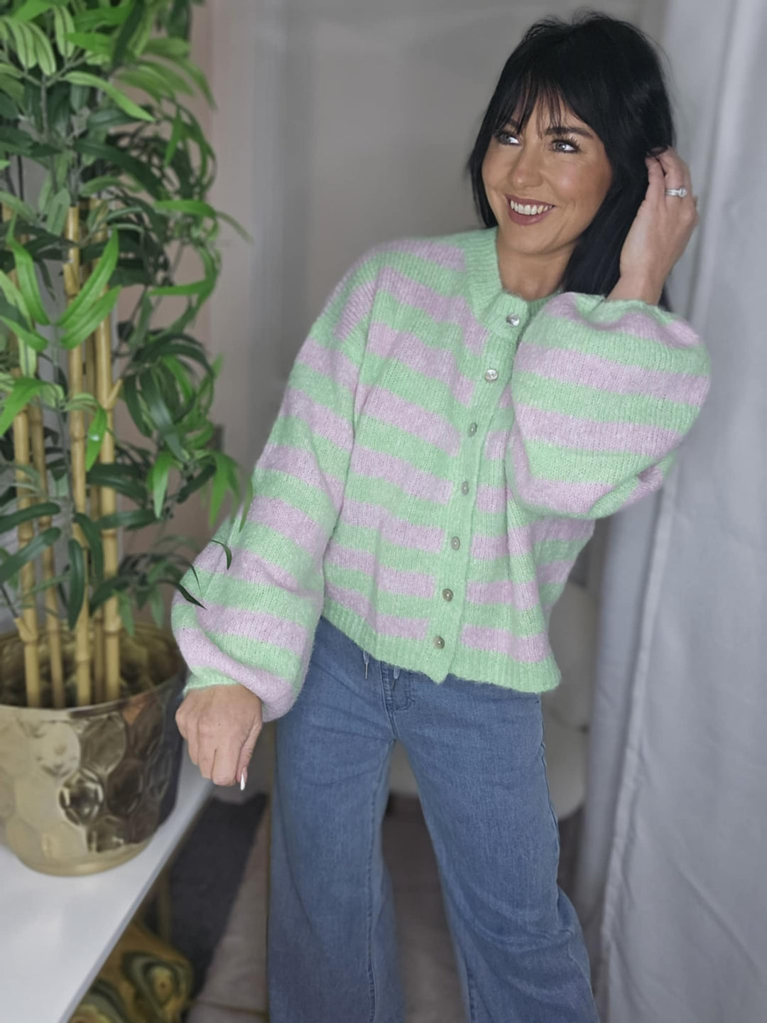 Amelia Striped Cosy Cardigan (One Size from Size 8 up to Size 16) - Lime/Pink