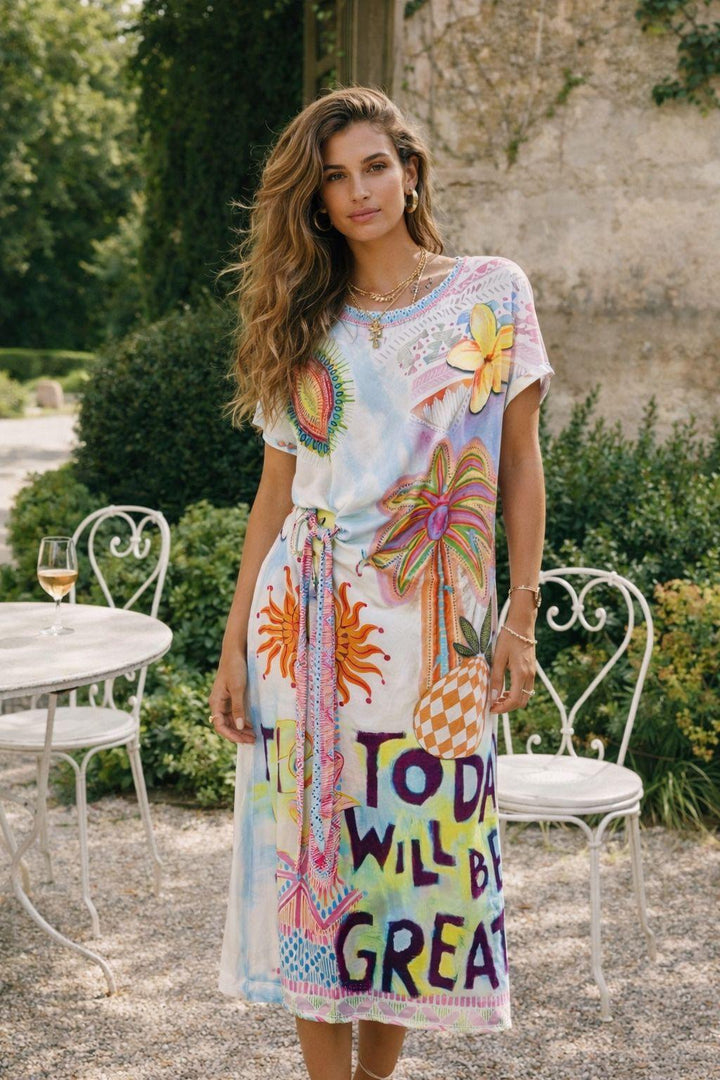 Santorini 'Today will be great' Side Tie Dress - (One Size - fitting from Size 10 to Size 16) - Blue