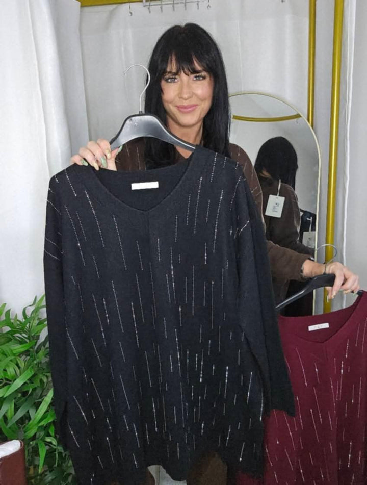 Davina Sparkly V Neck Jumper - Black (One Size/Curvy, fits from Size 12/14 up to Size 18)
