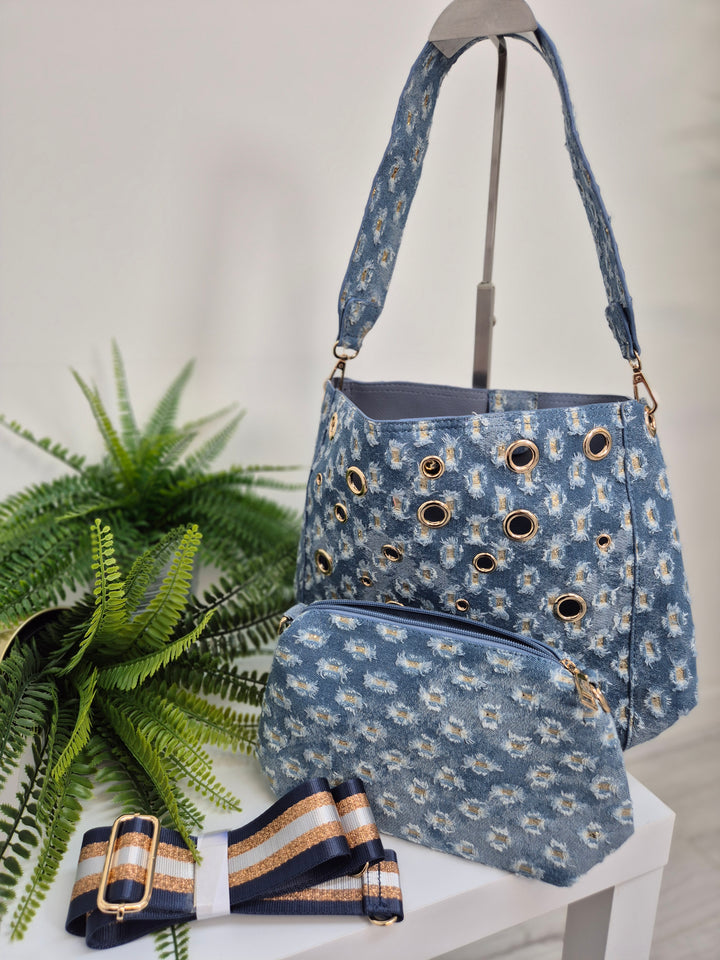 Darcie Denim Bag (Bag within a Bag) - Stonewashed/Gold Metallic