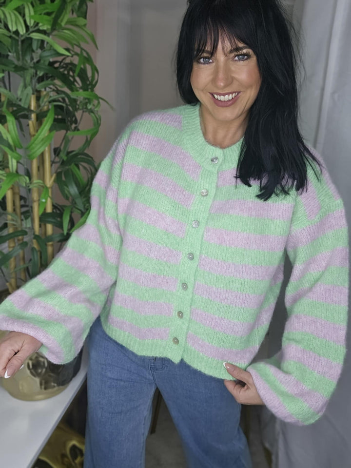 Amelia Striped Cosy Cardigan (One Size from Size 8 up to Size 16) - Lime/Pink