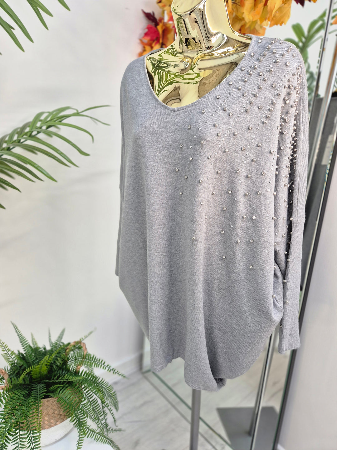 Celine Crystals, Pearls & Diamantes Oversized Jumper with V Neck (choose your Colour) (One Size/Curvy, fits from Size 12 up to Size 18)