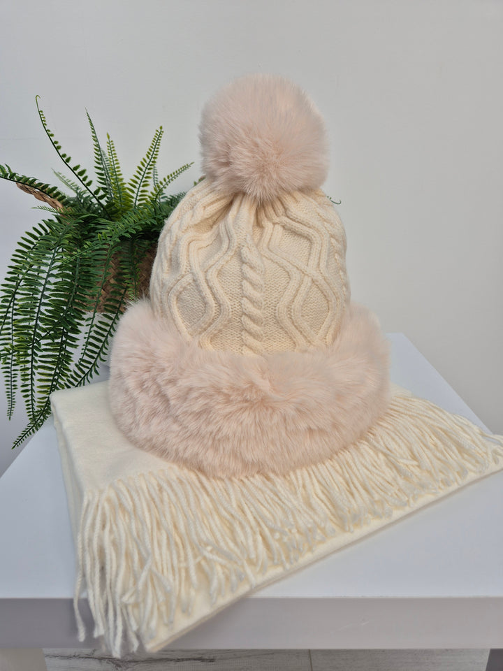 Oslo Faux Fur Pom Pom Cable Hat & Soft Feel Brushed Tassel Scarf Bundle - Cream