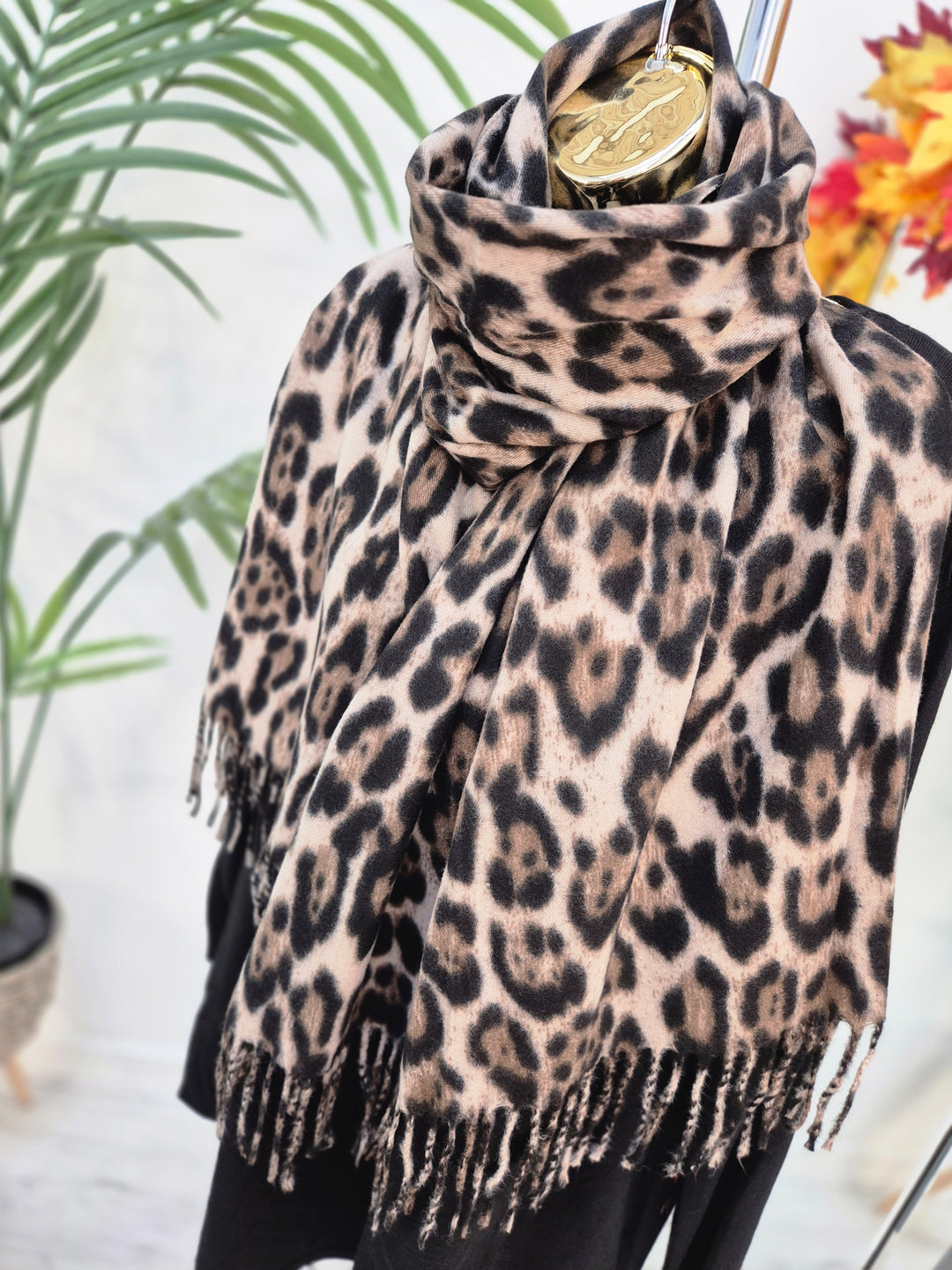 Chocolate Leopard Soft Touch Oversized Fringed Scarf