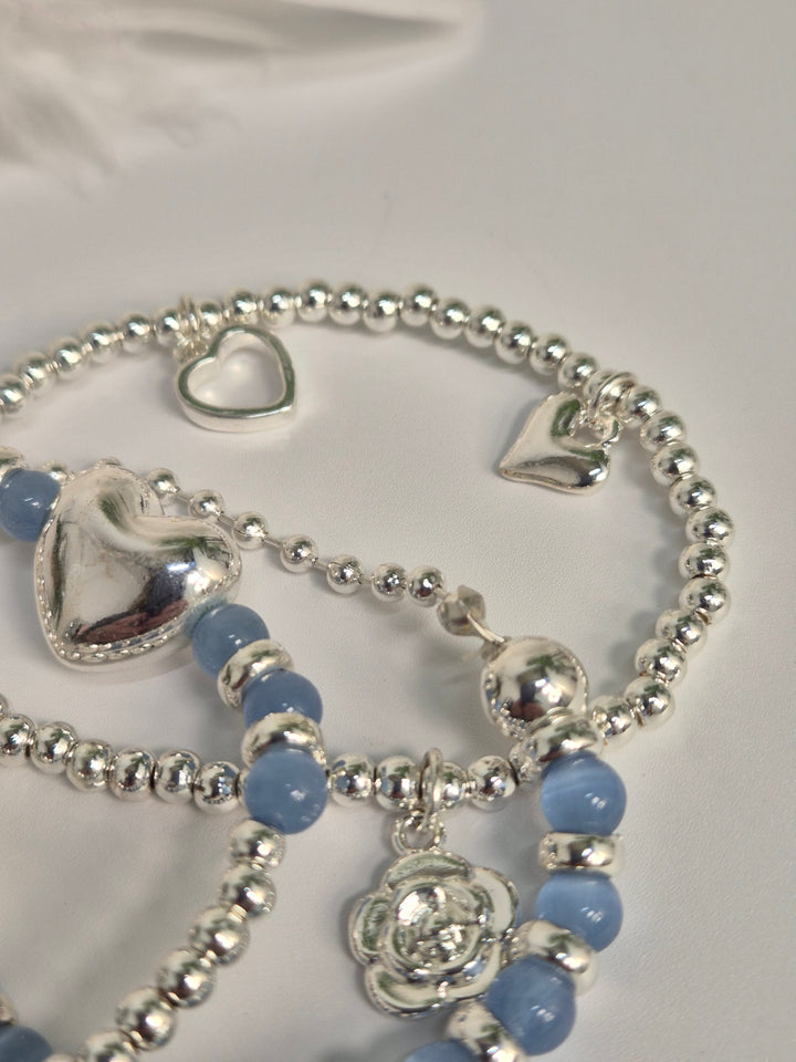 Stacking Bracelets - Angel Wings, Hearts, Camellia Flower - Charms (Blue & Silver Tone)