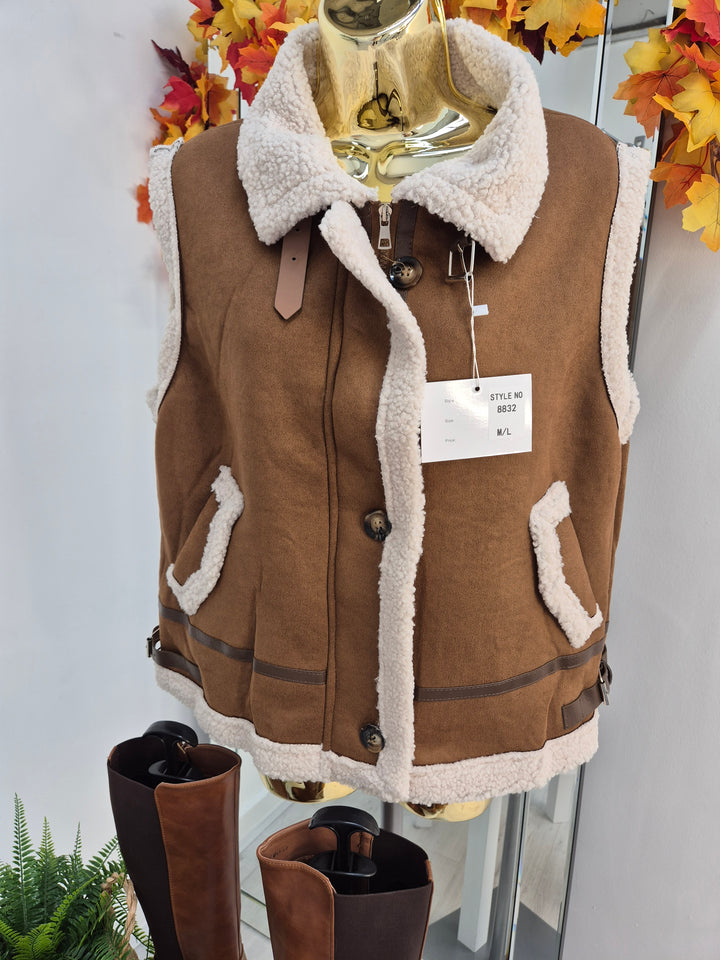 Borg Gilet with Zip - Tan (One Size fitting from Size 12 up to Size 16)