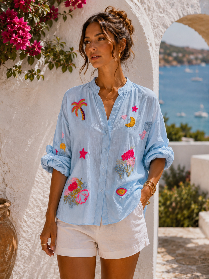 Sicily Embroidered Blouse - (One Size, fits up to Size 18) - Blue